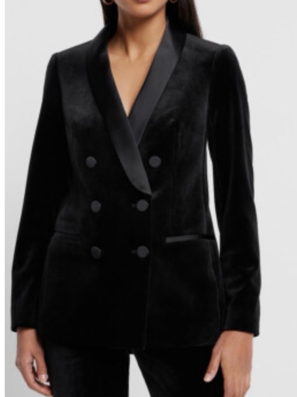 Express Black Velvet Double-Breasted Blazer with Satin Lapel